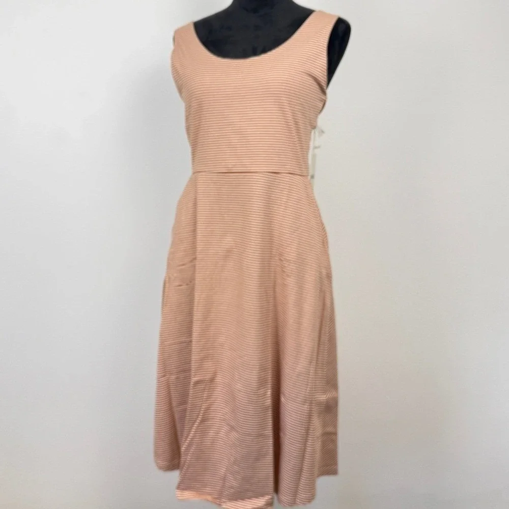 Pact Fit and Flare Tie Back Midi Dress Womens Large Tan White Striped Coastal - Picture 2 of 10
